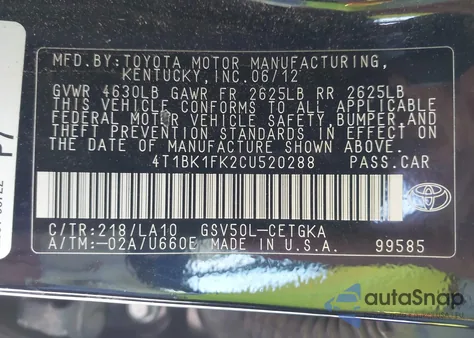 2012 Toyota Camry Xle V6 из США, поврежденный, VIN 4T1BK1FK2CU520288